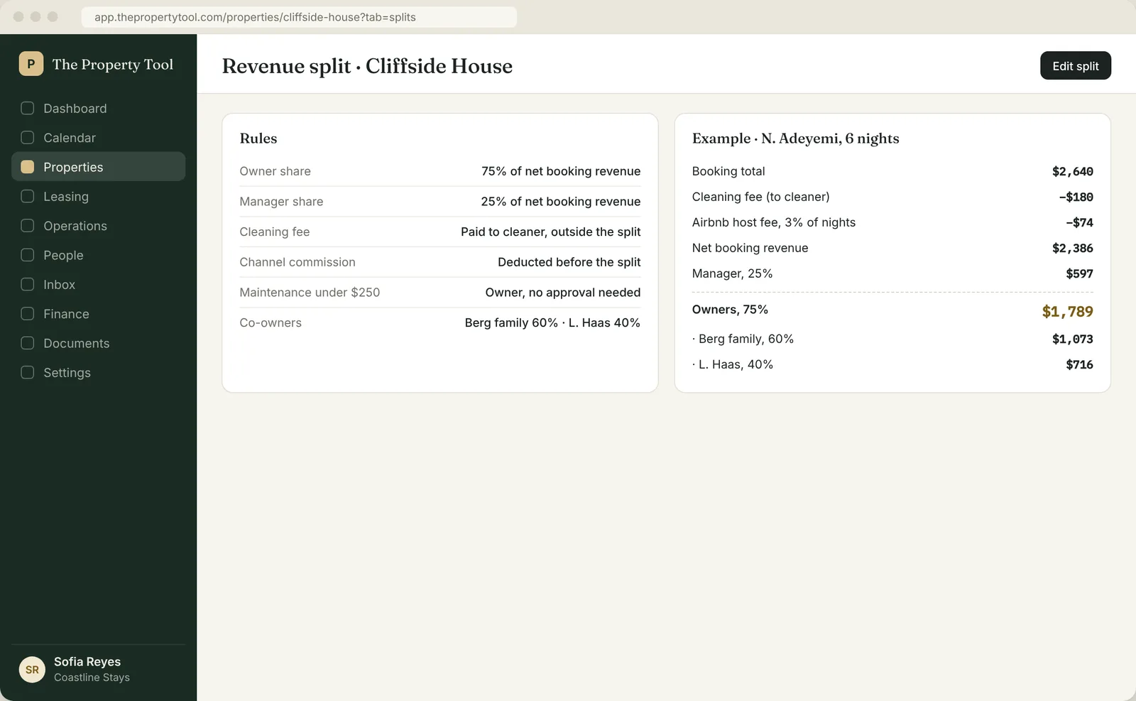 Owner split settings for a property showing a 75/25 revenue share, cleaning passed through to guests, and how one booking divides between owner and manager